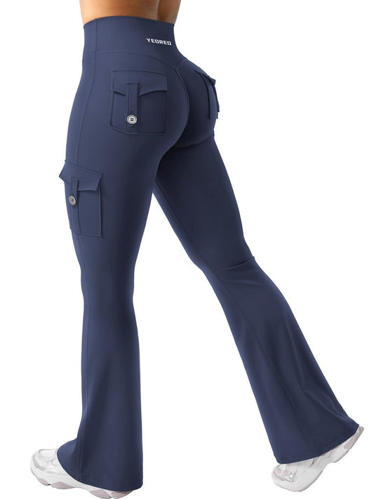 YEOREO CoreFlex Women Workout Flare Leggings with Pockets Hidden Scrunch High Waisted Cargo Gym Yoga Leggings Navy XL