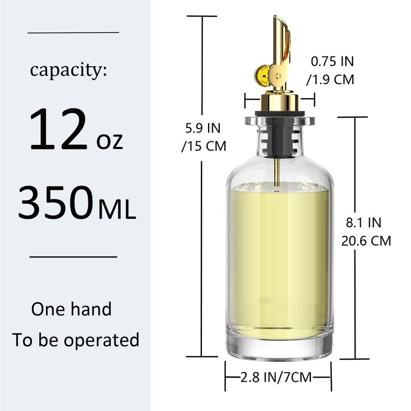 Pafusen 2 Pack Olive Oil Dispenser Bottle, 12 oz Oil Bottles for Kitchen, Glass Oil Coffee Syrup Dispenser, Simple Syrup Bottles with 2 Auto Flip Olive Oil Pourers, Gold