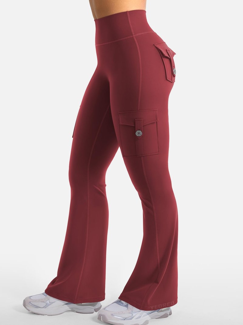 YEOREO CoreFlex Women Workout Flare Leggings with Pockets Hidden Scrunch High Waisted Cargo Gym Yoga No Front Seam Leggings Anchor Red XL