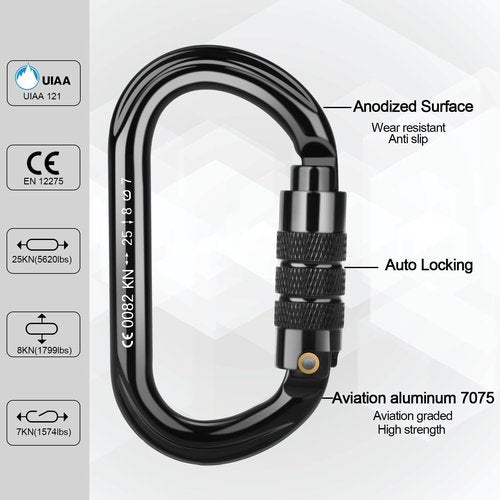 FVW CE Certified Auto Locking Climbing Carabiners, Professional 25KN (5620 lbs) Heavy Duty Caribeaners for Rappelling Swing Rescue & Gym etc, Large D-Shaped Carabiners, 5 Pack