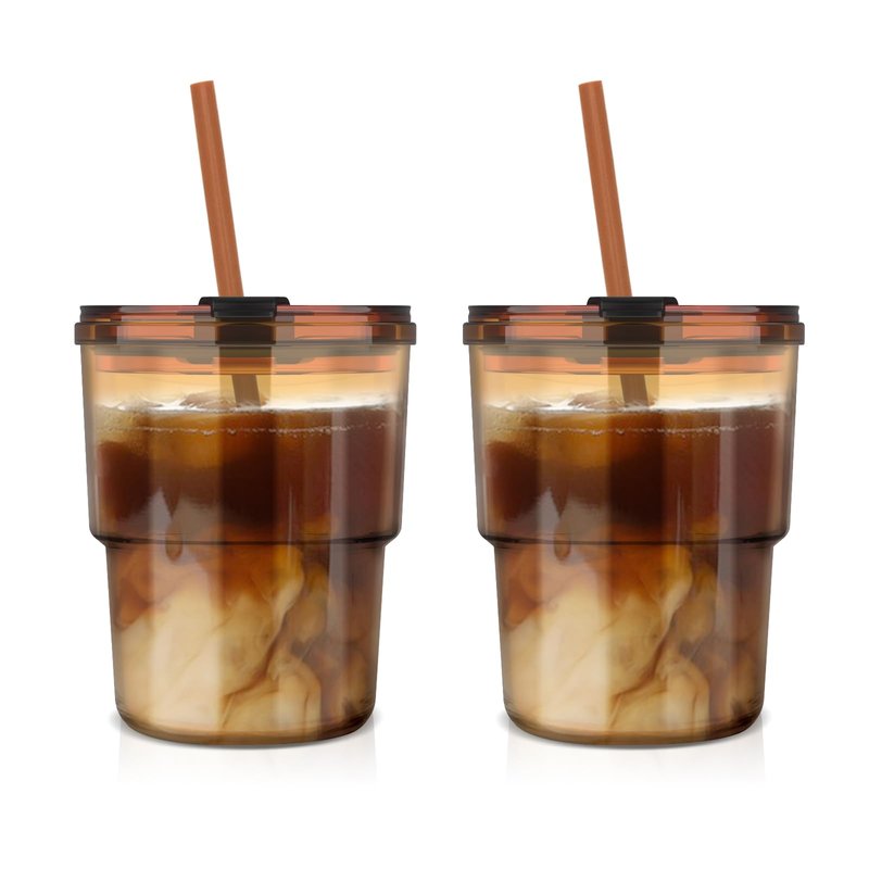Luxfuel 13 oz Tumbler Water Glass Cups with Straw & Lid, Reusable Iced Coffee, Tea Cups, Leak-Proof Thick Wall Travel Glass Tumbler for Home, Office, Car Cup Holder Friendly, BPA Free (Amber, 2 Pack)