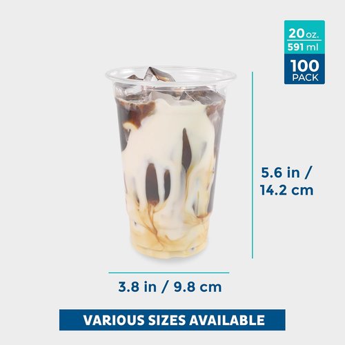 Freshware Clear Plastic Cups - 20 oz Disposable Cups for Iced Coffee, Smoothies & Cold Drinks | 100 Pack