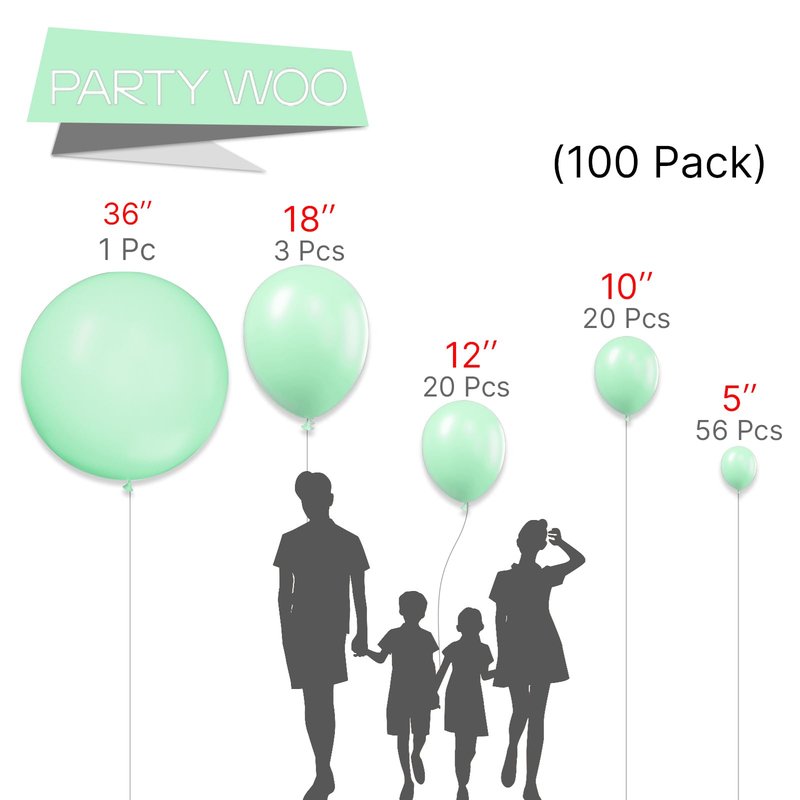 PartyWoo Mint Green Balloons 100 pcs Different Sizes Pack of 36 18 12 10 5 Inch Pastel Light Green Peppermint Balloon Arch Kit Garland for Graduation Baby Shower Birthday Party Decorations Green-Q06
