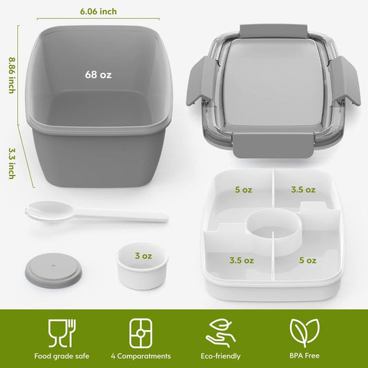 Cherrysea 2Pack Salad Lunch Container, 68oz Salad Bowls with 4 Compartments Tray,Leak Proof Lunch Box with Fork for Men,Women BPA-Free Snack Container with Sauce Container for Dressings-Grey