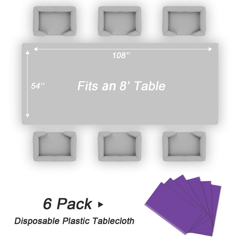 QIKSION Purple Plastic Table Cloth Disposable 6 Pack, 54 x 108 Inch Tablecloths for Party, Birthday, Graduation, Halloween Decorations, Rectangle Table Cover