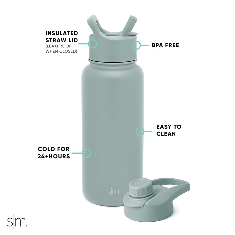 Simple Modern Water Bottle with Straw and Chug Lid Vacuum Insulated Stainless Steel Metal Thermos Bottles | Reusable Leak Proof BPA-Free Flask for Sports Gym | Summit Collection | 32oz, Sea Glass Sage
