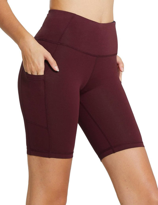 baleaf Biker Shorts Women Yoga Gym Workout Spandex Running Volleyball Tummy Control Compression with Pockets 8" Wine Red XL