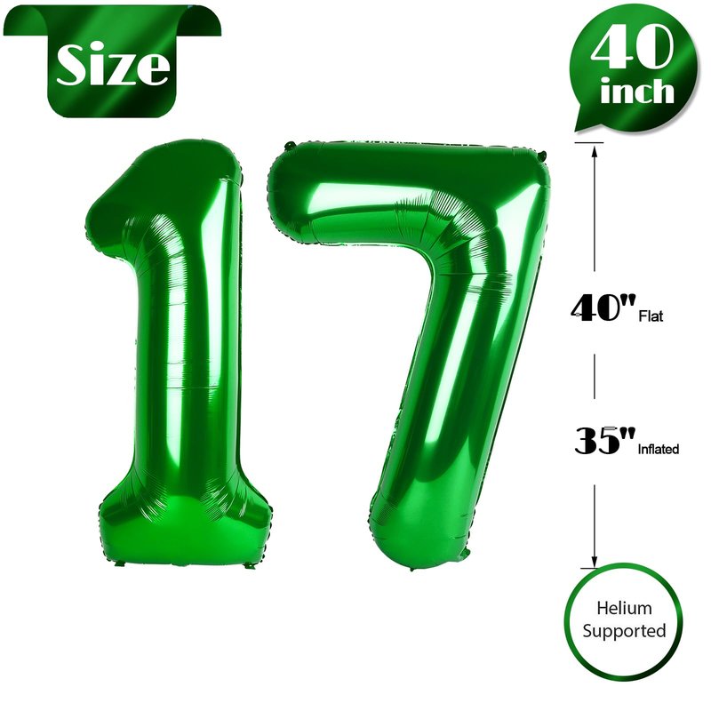 Green Number 17 Balloon 40 inch, 17 Number Balloons, 17th Green Birthday Decorations, 17 Year Old Girls Boys Party Supplies, St. Patrick's Day Games Theme Birthday Decorations