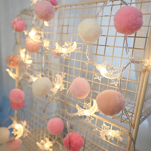 Indoor String Lights 6.56 Feet Pom Poms Moon 20 LED Battery Operated Fairy Warm White Globe Colorful Decor for Home Bedroom Kids Playhouse Holiday Christmas