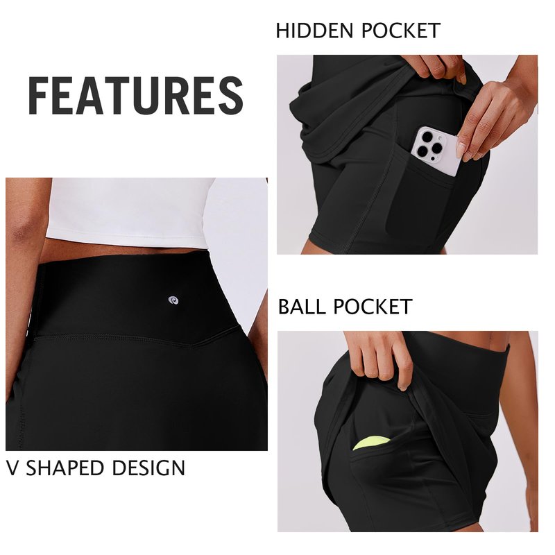 PINSPARK Tennis Skirts for Women V-Waisted Athletic Skort Quick Dry Golf Skirts with 2 Pockets Shorts, Black Small