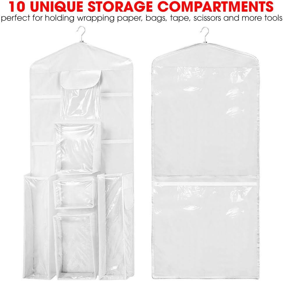 Primode Gift Wrap Organizer - Over The Door Wrapping Paper Storage With Double-Sided Pockets | 40”x17” (White)