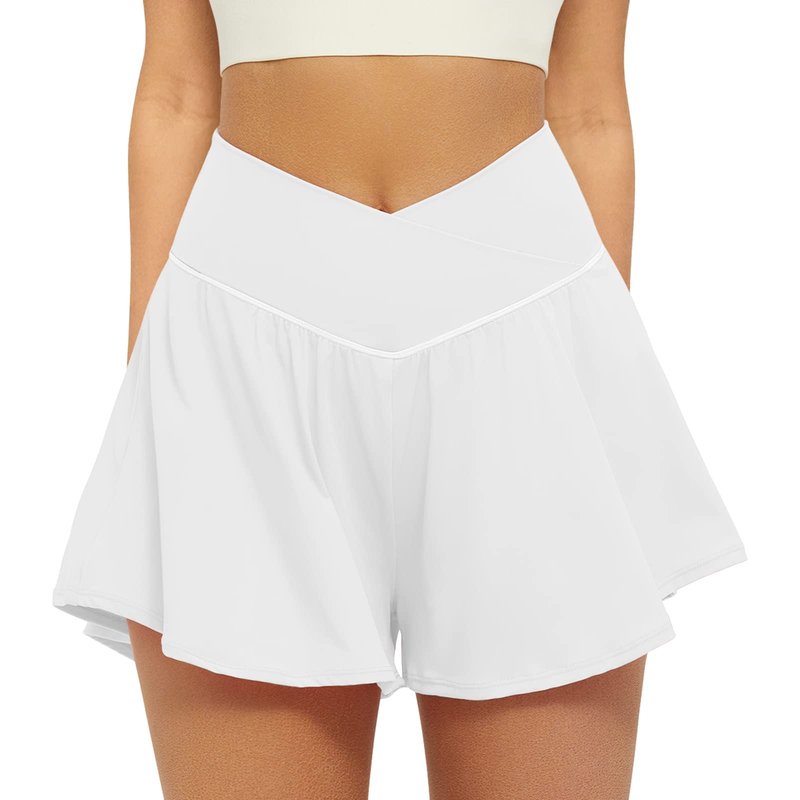 FireSwan Crossover Athletic Shorts for Women 2 in 1 Flowy Running Shorts with Pockets Spandex Butterfly Workout Tennis Skorts White
