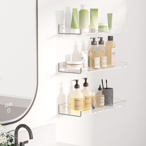 Clear Acrylic Floating Shelves by [Brand Name] - Versatile Wall Organizer for Bathroom, Bedroom & Living Room | 3-Pack