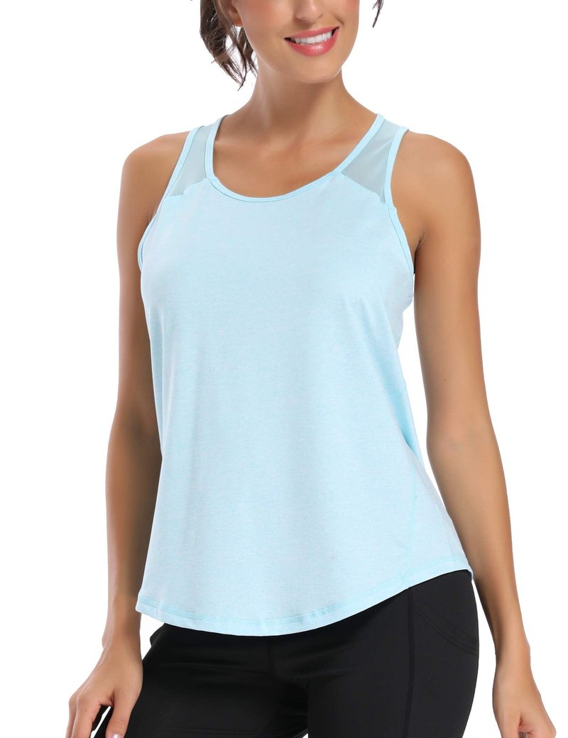 Aeuui Workout Tops for Women Mesh Racerback Tank Yoga Shirts Gym Clothes Light Blue, Large