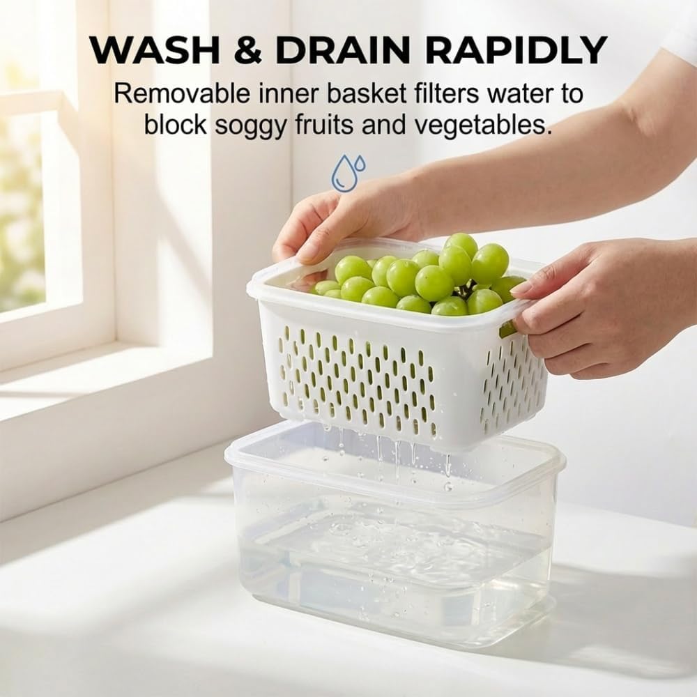 Skiennix 4-in-1 Large Fruit Storage Container - Leakproof Produce Keeper with Removable Colander | BPA-Free & Microwave Safe (Blue, S)