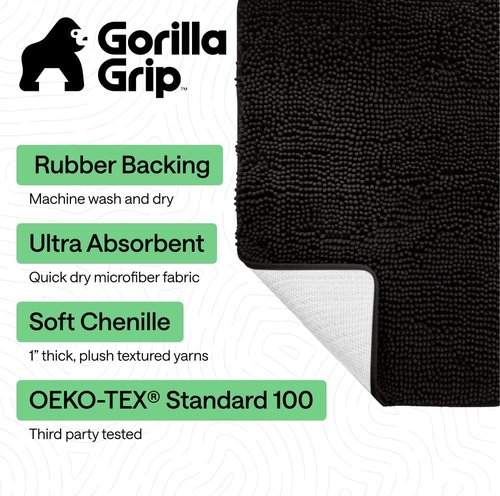 GORILLA GRIP Bath Rug Mat - Thick Soft Absorbent Chenille | Quick-Dry Microfiber, 24x17, Black