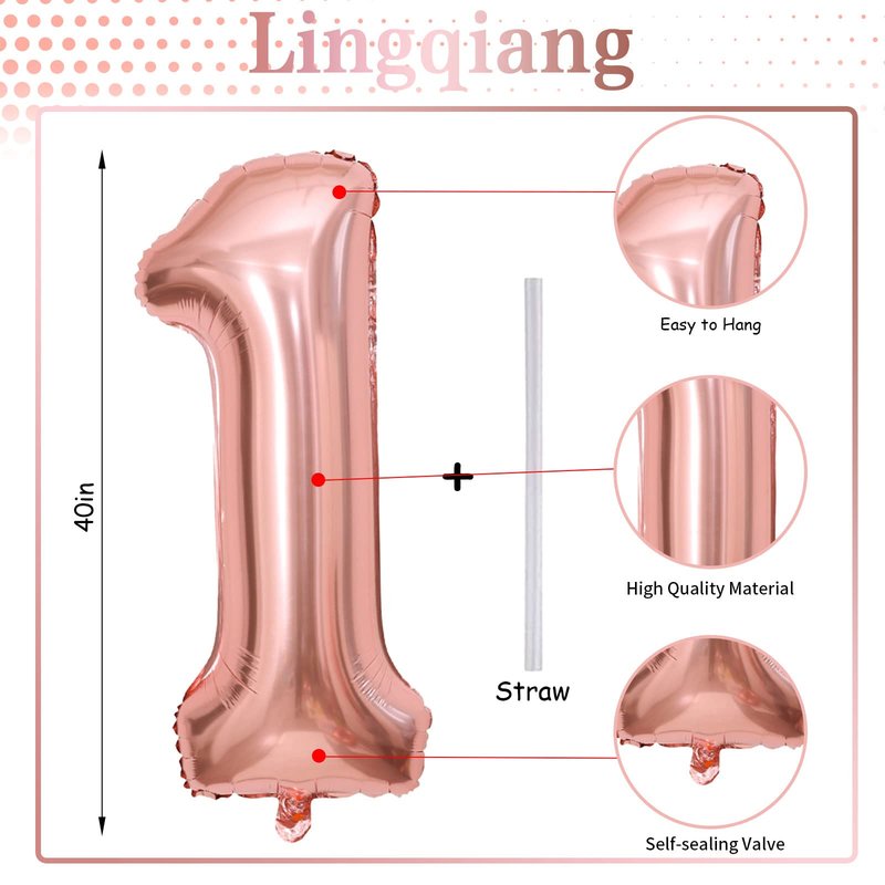 Rose Gold 1 Balloons, 40 Inch Giant Helium Foil Number 0-9 for Girls, Self Inflating Digit 1st Birthday Balloon for Women Anniversary Baby Shower New Year Engagement Party Decorations Supplies
