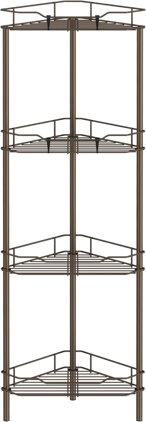 HuggieGems 4-Tier Floor Standing Corner Shower Caddy Organizer - Bronze Bathroom Shelf with Hooks
