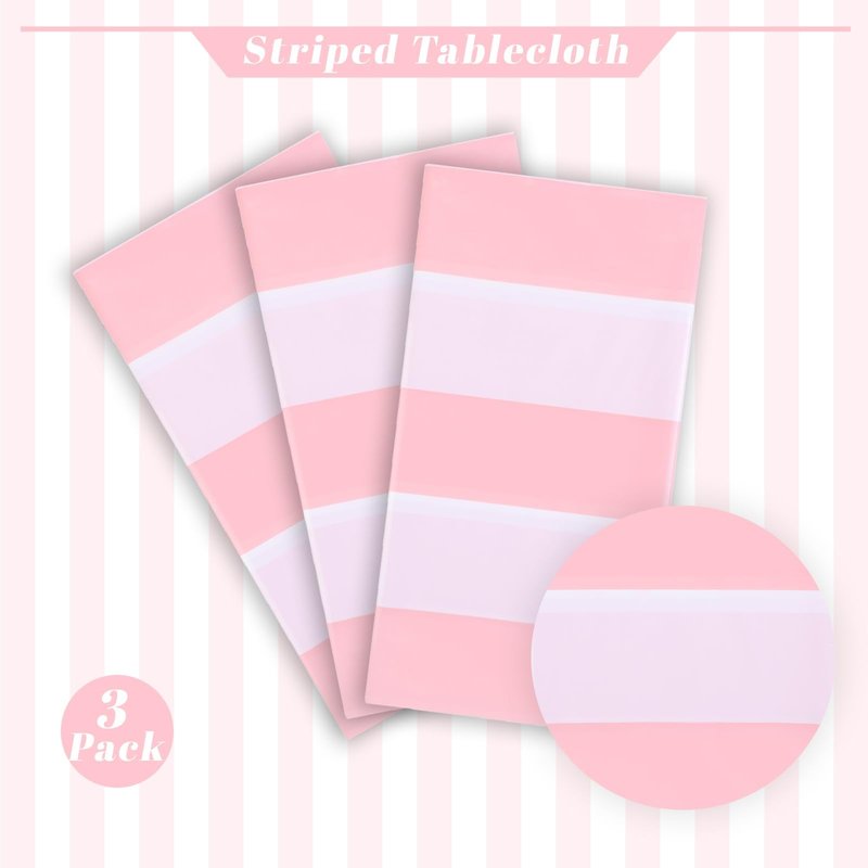 Kesfey 3 Packs Pink and White Vertical Striped Tablecloth 54 x 108 Inch Pink Stripe Table Cloths Disposable Plastic Stripe Table Covers Waterproof Pink Striped Picnic Table Cover for Birthday Party
