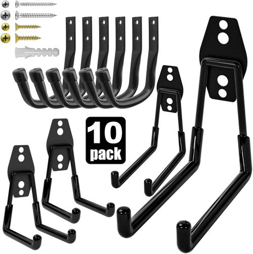 Heavy Duty Wall Garage Hooks by [Brand Name] - Steel Anti-Slip Utility Hangers for Ladders, Bikes & Tools | 10 Pack, Black