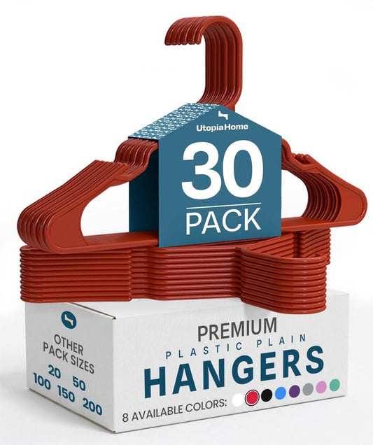 Utopia Home Plastic Hangers 30 Pack - Perfect Space Saving Clothes Hanger - Durable and Strong - Perfect Closet Organizers with Shoulder Grooves (Red)
