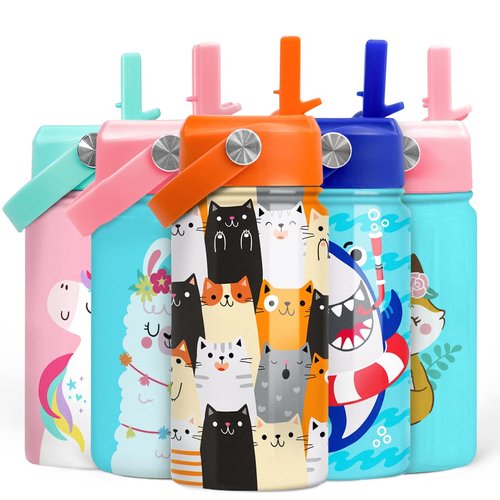 Cat Water Bottle - Kids Water Bottle with Straw Lid - 12 Oz Insulated Stainless Steel Water Bottles for Kid Boys Girl - Travel Cup for School Sports