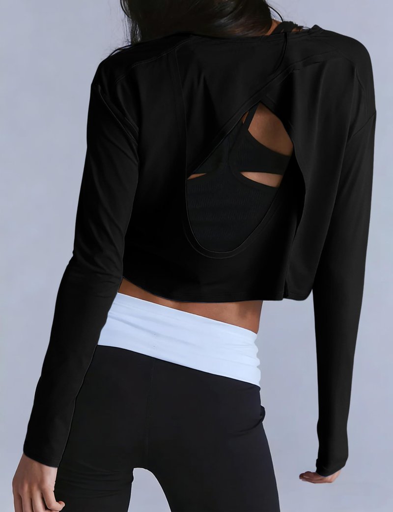 Lviefent Womens Open Back Workout Tops Long Sleeve Cropped Athletic Shirts Blouse Layer Gym Sportswear (Black-M)