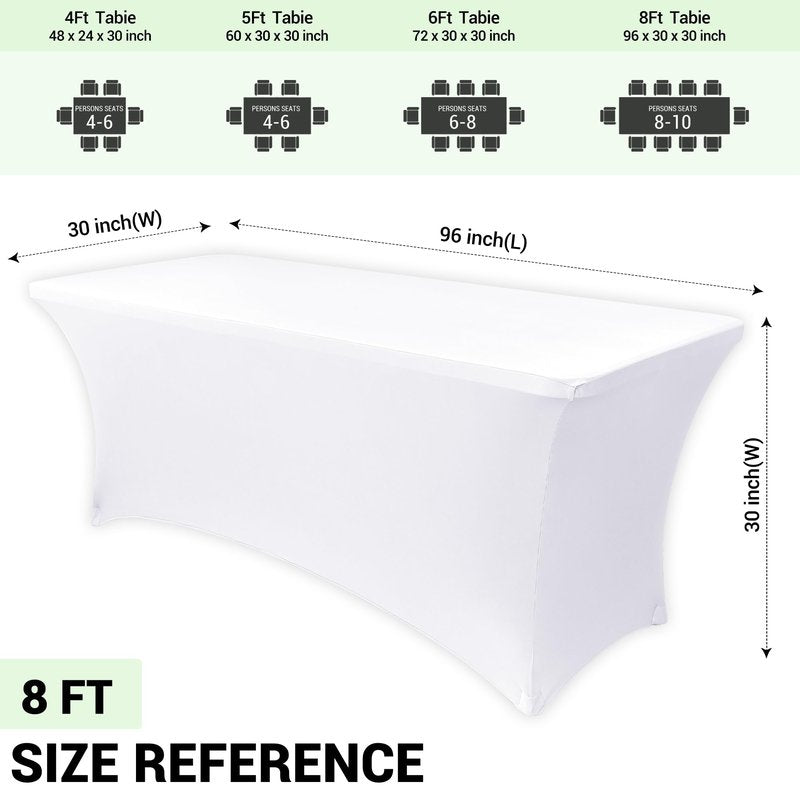 Obstal 8Ft Stretch White Spandex Table Cover for Standard Folding Tables - 2 Pack Universal Rectangular Fitted Tablecloth for Party, Banquet, Events, Trade Show (White, 96L x 30W x 30H Inches)
