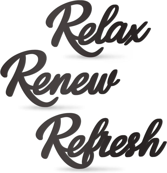 Skiennix Wooden Bathroom Sign Set - Relax, Renew, Refresh | Large Black Decor (3 Pieces)