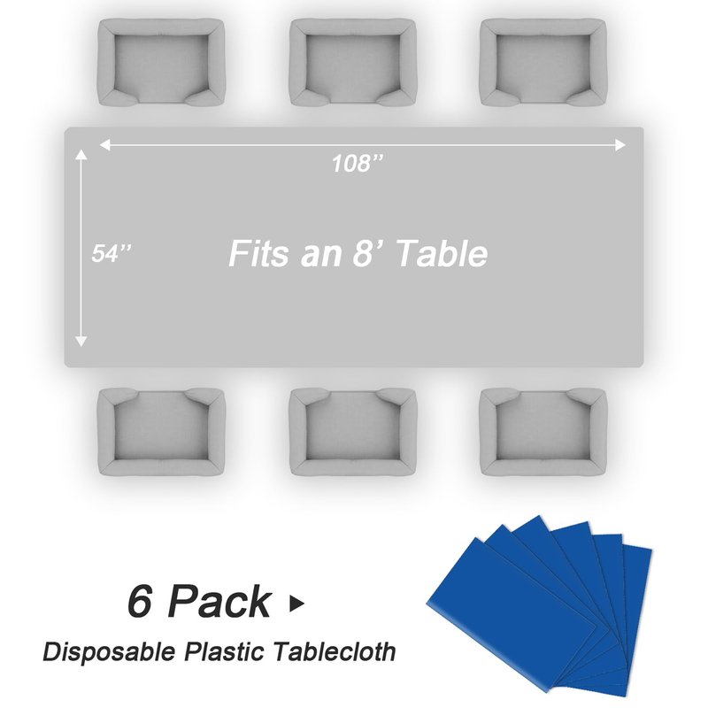 QIKSION Blue Plastic Table Cloth Disposable 6 Pack, 54 x 108 Inch Tablecloths for Patriotic Decorations, Birthday Party, Rectangle Table Cover