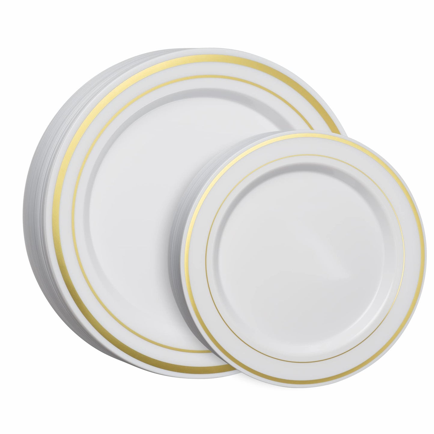 SETUP 60-Piece Gold Trim Plastic Dinnerware Set – 30 10.25" Dinner & 30 7.5" Salad Plates – Heavy-Duty Disposable for Weddings, Catering, Parties