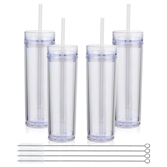 Volhoply 16oz Plastic Skinny Tumbler with Lid and Straw Bulk 4 Pack,Insulated Double Wall BPA Free Matte Acrylic Tumblers,Iced Coffee Travel Mug Reusable Party Cup,Customizable Diy Gifts(Clear,4 Set)
