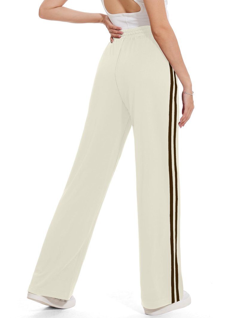 Tapata Regular Women's 30" Inseam Casual Pants Track Athletic Sweatpants Warm Up Loose Side Stripe Street Slacks, Beige, M