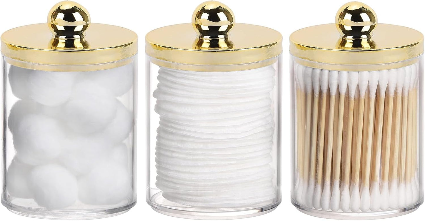 Tbestmax Qtip Holder - Elegant 10oz Plastic Apothecary Jar with Gold Lid for Cotton Swabs & Pads - Gold