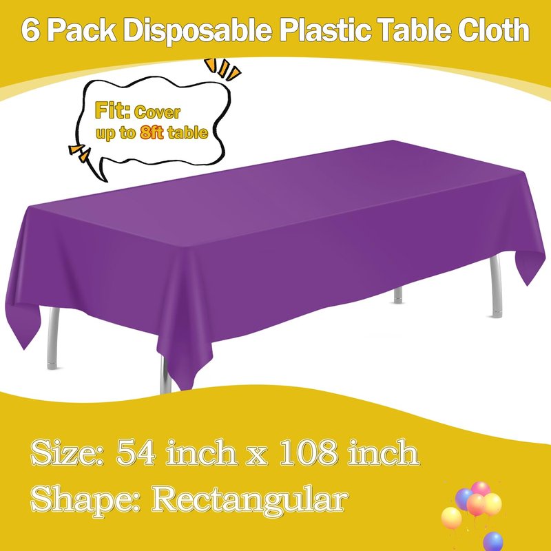 tujol Purple 6 Pack Plastic Table Cloth 54" x 108", Disposable Tablecloths Rectangle Table Cover, Plastic Tablecloths for Parties