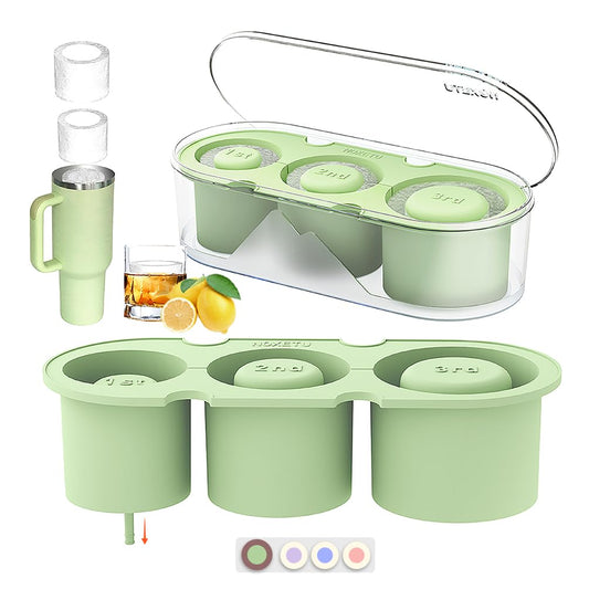NOXETU Ice Mold for Stanley Cup 30/40 Oz - Easy Fill and Release Without Touching Ice, Silicone Ice Cube Tray with Clear Lid and Bin for Freezer, Whiskey, Cocktail (Green)