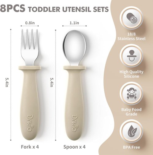 DRKIO Toddler Utensils Set - 8-Piece Kids Silverware with Silicone Handles | Safe 18/8 Stainless Steel