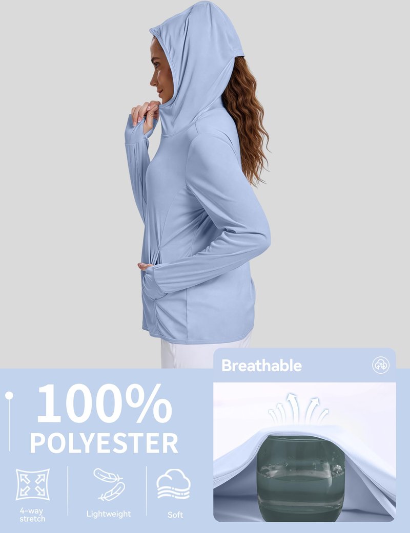 CHALLMOTI Women's Sun Protection Jacket Zip up Hoodie Lightweight Long Sleeve UV Cover Up Hiking Shirt UPF 50+ Light Blue XS