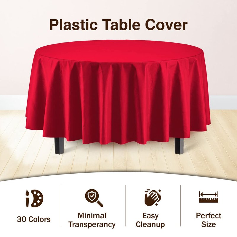 Party Solids Pack Of 6 Premium Plastic Tablecloth 84 Inch Round Plastic Table Cover - Red