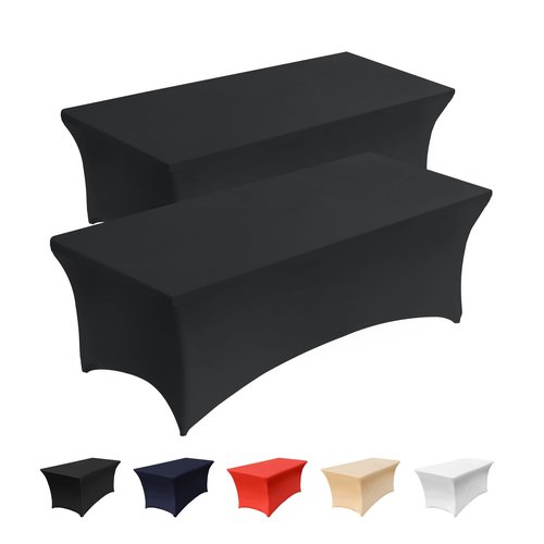 Casa Platino Spandex Tablecloths Rectangular - 2 Pack 8FT Black Table Cloth for Rectangular Fitted Folding Tables, Wrinkle Resistant, Stretchable Table Covers for Party, Wedding, Cocktail & Birthday