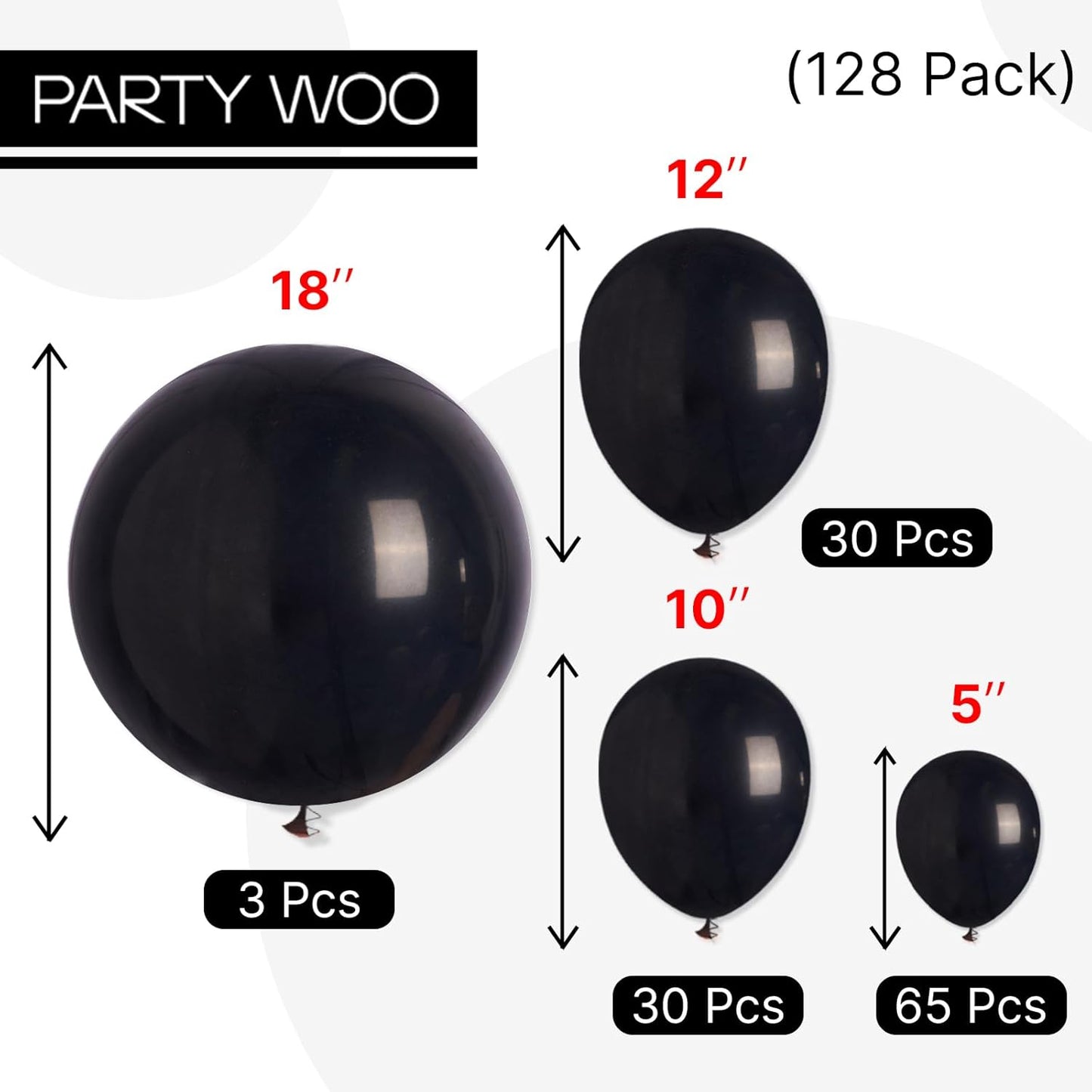 PartyWoo Black Balloons - 128-Piece Arch Kit with 18", 12", 10", 5" Sizes for Events & Celebrations