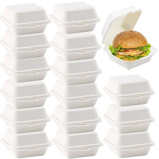 ToppYuanZea 150 Pack Clamshell Food Containers with Lid, 6 x 6 Inches Disposable Take Out To-Go Containers, White Bagasse Bento Box for Hamburger Sandwiches Chips, Microwave/Freezer Safe