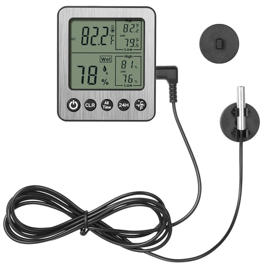 ZZ20 Digital Refrigerator Freezer Thermometer - Extra Sensor & Hygrometer with Max/Min Memory - Black