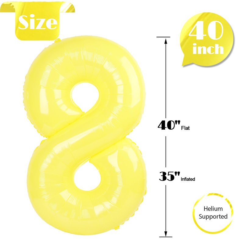 Yellow Number 8 Balloon 40 Inch, 8th Birthday Party Decorations for Children, Giant 8 Foil Balloon for Party Supplies