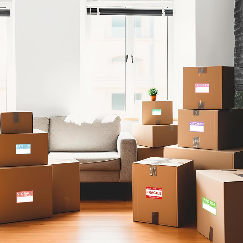 Ououstate 300 Count 2” x 3’’ Removable Home Moving Box Packing Labels for 1/2/3/4 Bedroom Rooms, 9 Designs Waterproof Color-Coded Moving Stickers Including Fragile 、Heavy and Blank Labels