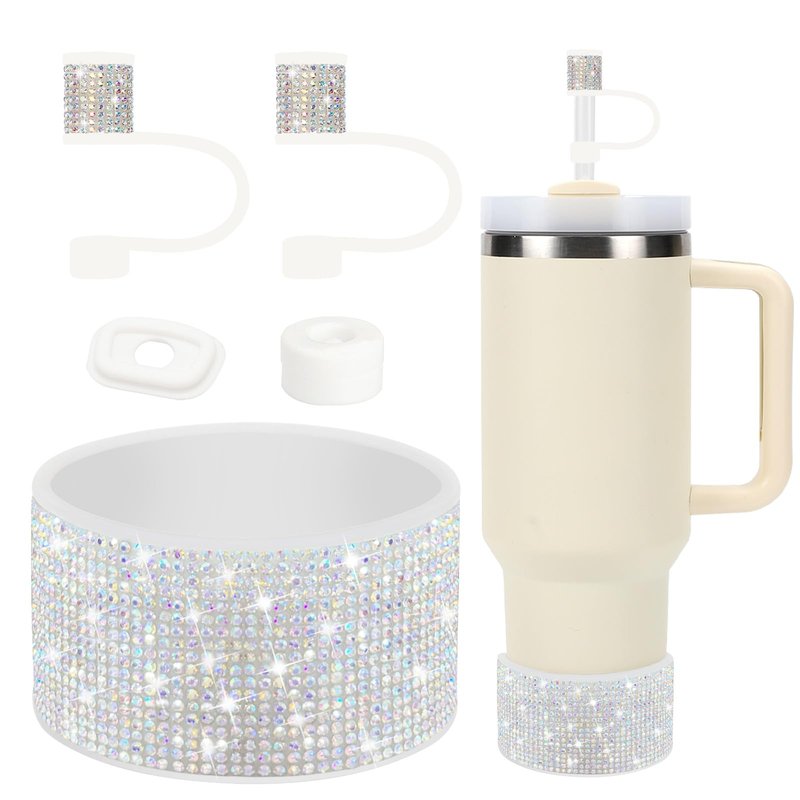 Rhinestone Stanley Cup Accessories Set Including 0.4in Bling Straw Covers, Spill Proof Stopper, Diamond Glitter Silicone Boot for Stanley Accessories 40oz (Fit 40 oz, Circles Stardrone)