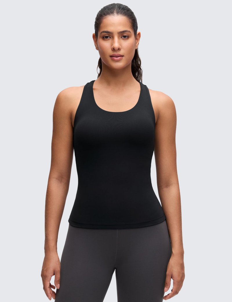 CRZ YOGA Butterluxe Workout Racerback Tank Tops for Women - Padded Athletic Spandex Yoga Shirts with Built in Bra Black Medium