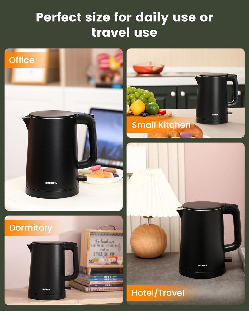 SKOBOIL Electric Kettle Small for Tea & Coffee, 0.8L (27OZ) Double Wall Stainless Steel Hot Water Boiler, Fast Boiling Water Heater & Teapot with Auto Shut-Off, Boil-Dry Protection