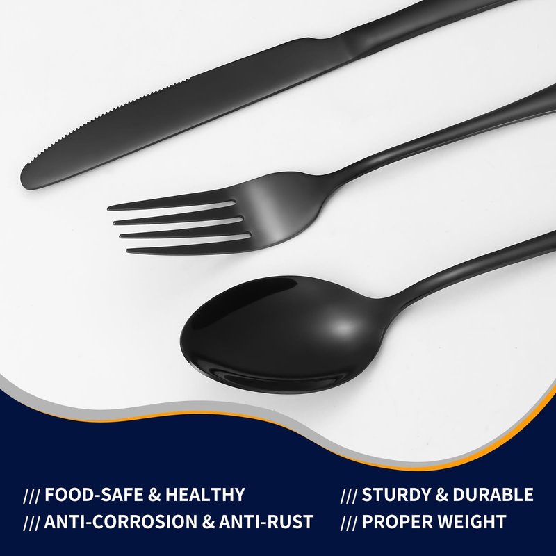 60-Piece Black Silverware Set with Steak Knives Black Stainless Steel Flatware Set for 10 Food Grade Tableware Cutlery Set Rust-proof, Mirror Polished, Dishwasher Safe
