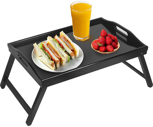 Jibanie Multi-Purpose Bamboo Wood Lap Desk - Folding Legs, Breakfast Food Tray, Serving Dinner Tea TV Tray - Lightweight, Minimalist Black